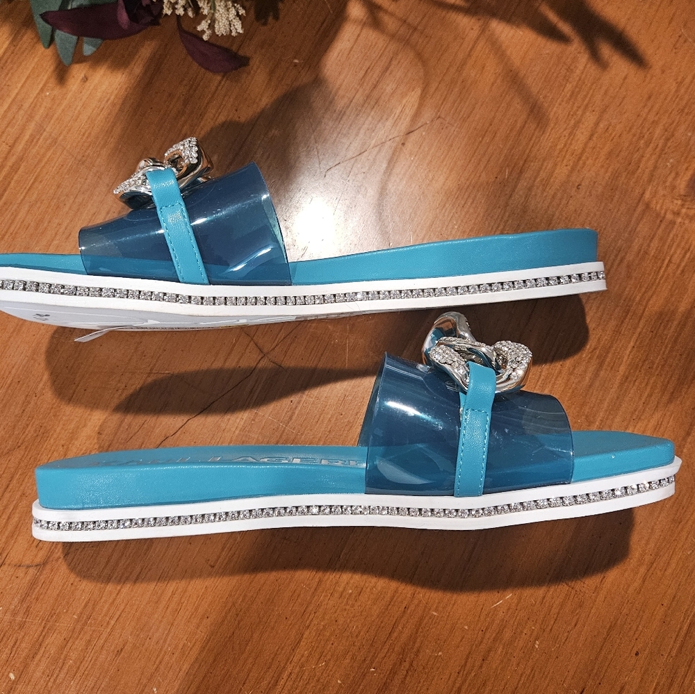 Karl Lagerfeld Jazelle Rhinestone Chain Slides Blue Sz 9.5 - Picture 9 of 11